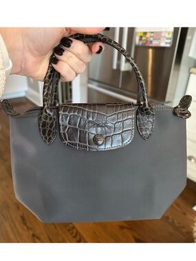 Longchamp small grey handbag with croc-embossed leather